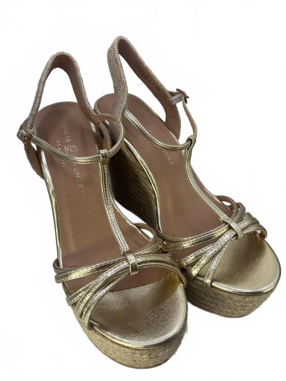 Chinese Laundry Platform Wedges Gold Metallic Espadrille Wedge Sandals 8.5 NWOT
